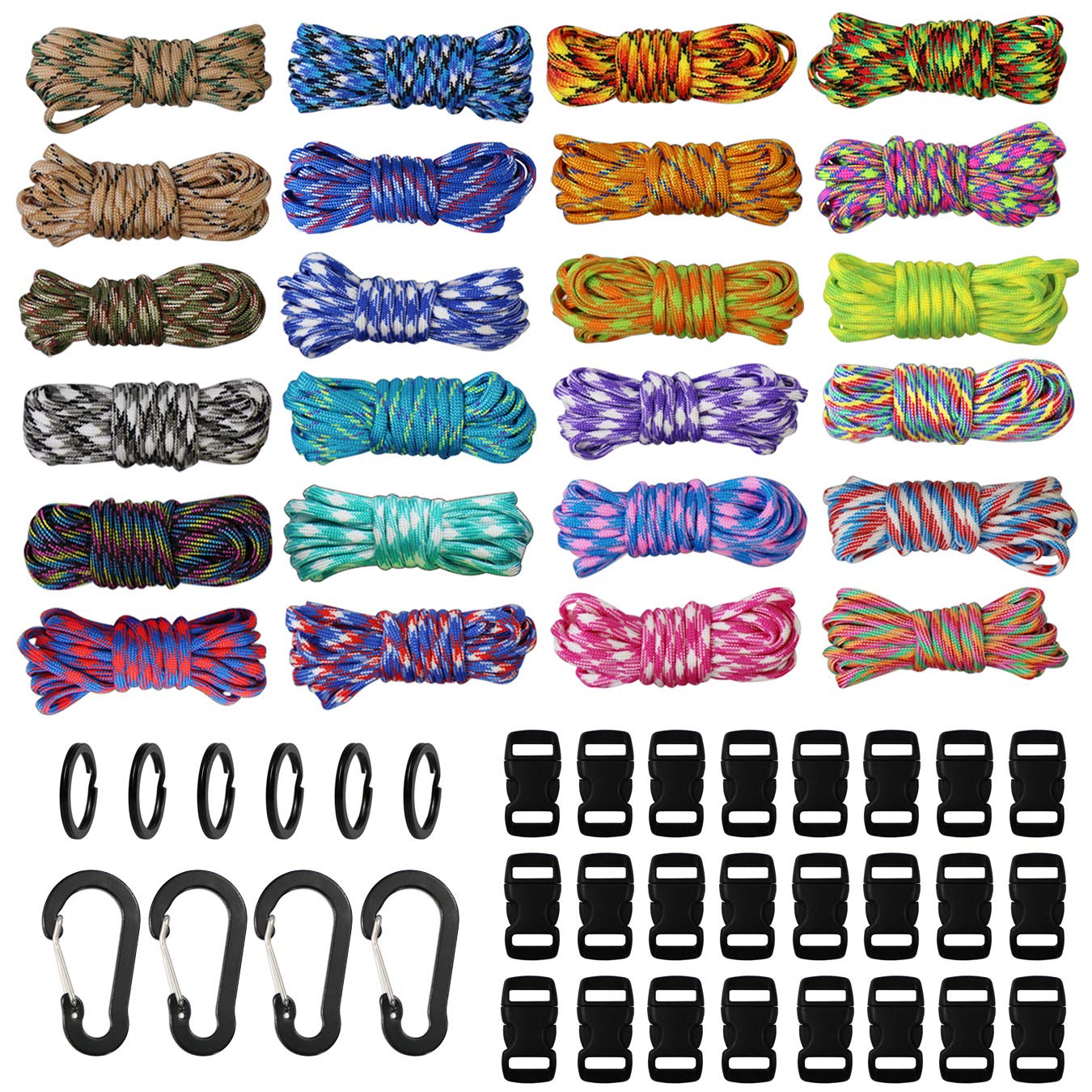 24 Colors Paracord Cord Nylon Rope 4mm 7-Strand Ropes Parachute Cord Outdoor Survival Rope with Buckles Keyrings Carabiner Clips DIY Paracord Bracelets, Key Chain, Dog Collar, DIY Lanyards (Kit A)