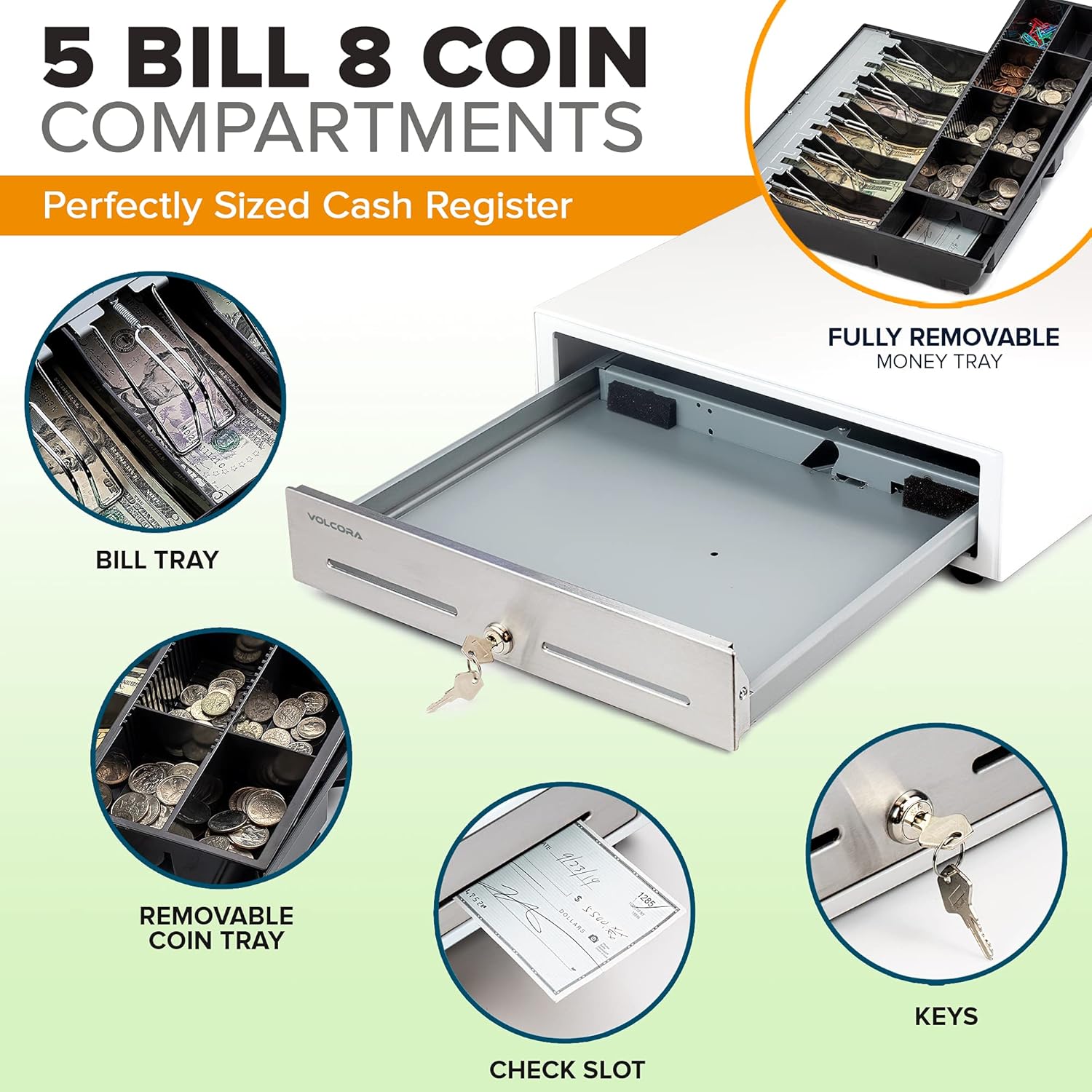 Cash Register Drawer for Point of Sale (POS) System - White and Stainless Steel Front - Fully Removable 2 Tier Cash Tray, 5 Bill/8 Coin, 24V, RJ11/RJ12 Key-Lock - Square Cash Drawer Under Counter : Electronics