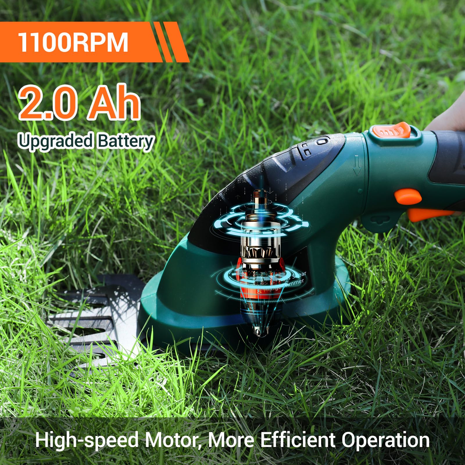 LIFERUN Grasschere mit Akku 7,2V 2000mAh, 2 in 1 Strauchschere akku, Rasenschere mit Teleskopstiel/stiel, elektrische Rasenschere, für Garten, Rasenkanten, Strauchschnitt, Gras mähen, Grün 3