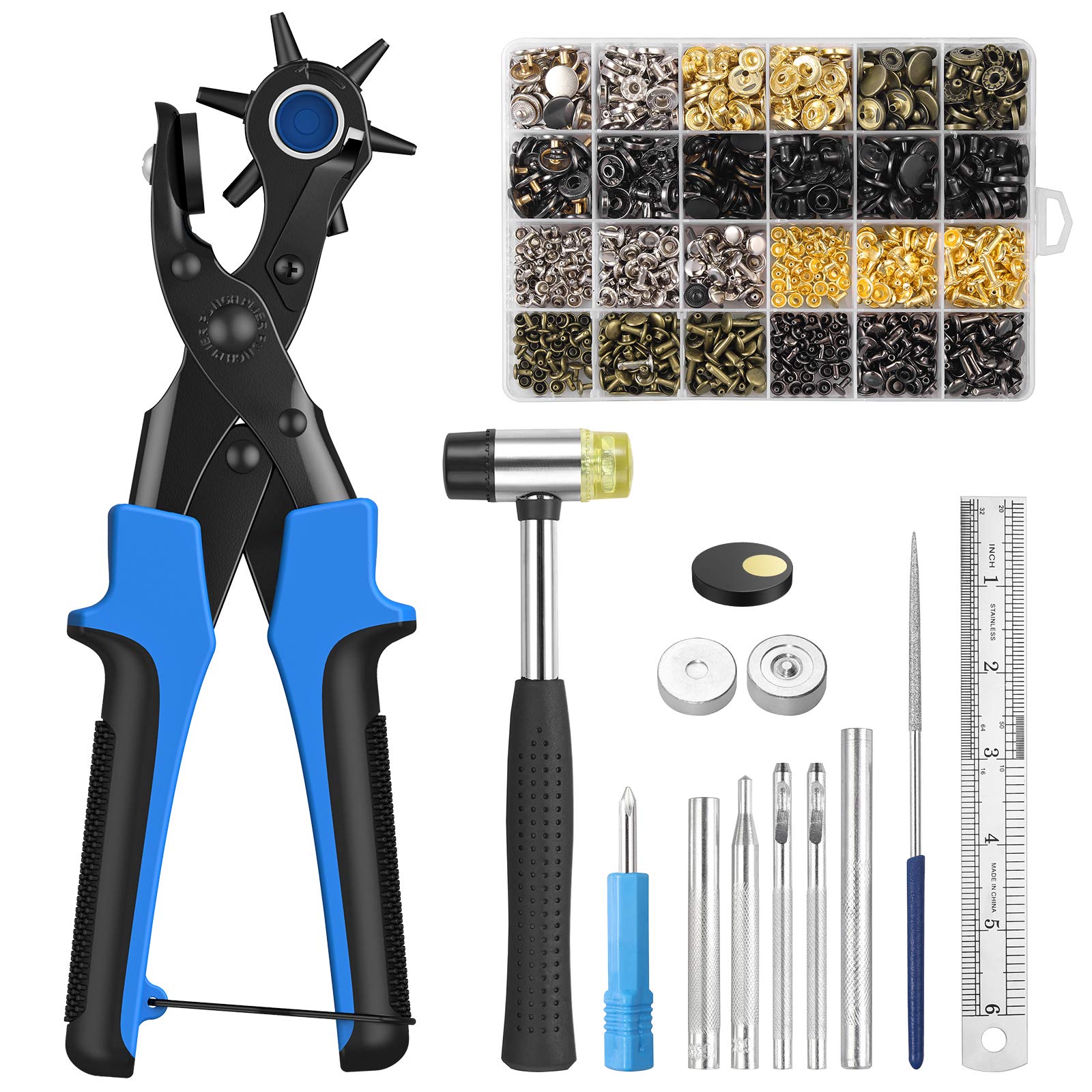 Kamtop Hole Punch Plier Set, Revolving Punch Hole Plier Tool with 240 Pcs Leather Double Cap Rivets and 120 Pcs Leather Snap Fasteners, Leather Belt Hole Puncher for Watch Bands, DIY, Craft Projects