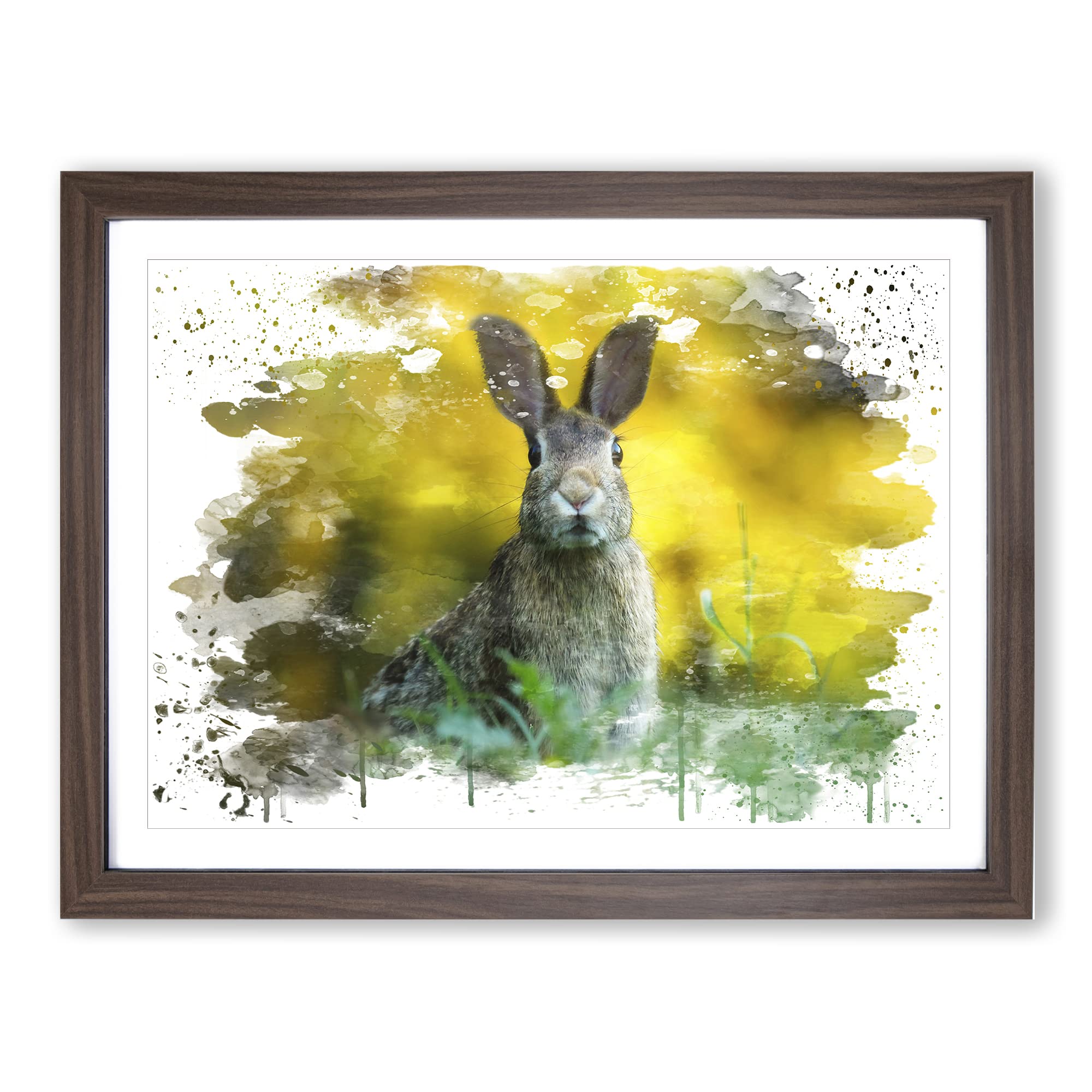 Rabbit Hare in a Meadow V3 Modern Framed Wall Art Print, Ready to Hang Picture for Living Room Bedroom Home Office Décor, Walnut A4 (34 x 25 cm)