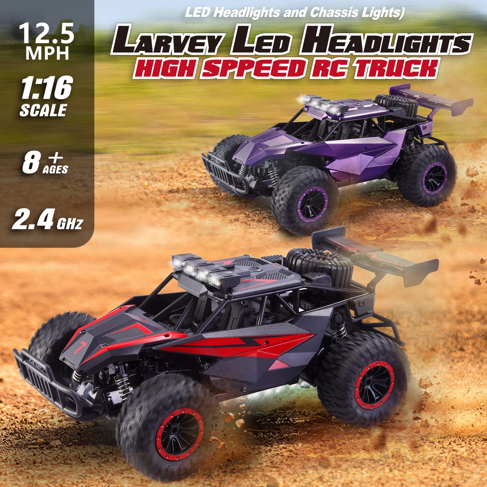 1:16 Scale Remote Control Car, 20 Km/h High Speed Remote Control Truck Off Road RC Monster Vehicle with LED Headlights and Chassis Lights, Electric Toy for Boys Kids and Adults