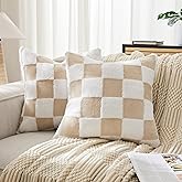 Ohocut Checkered Jacquard Shag Throw Pillow Covers, Pack of 2 Fluffy Beige Sand Cute Decorative Boho Aesthetic Soft Checkered Throw Pillow Cases for Couch Sofa Bedroom,18x18 Inch
