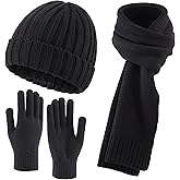 Connectyle 3 PCS Fleece Lined Cold Weather Set, Warm Winter Beanie Hat, Long Scarf and Touchscreen Gloves for Men & Women