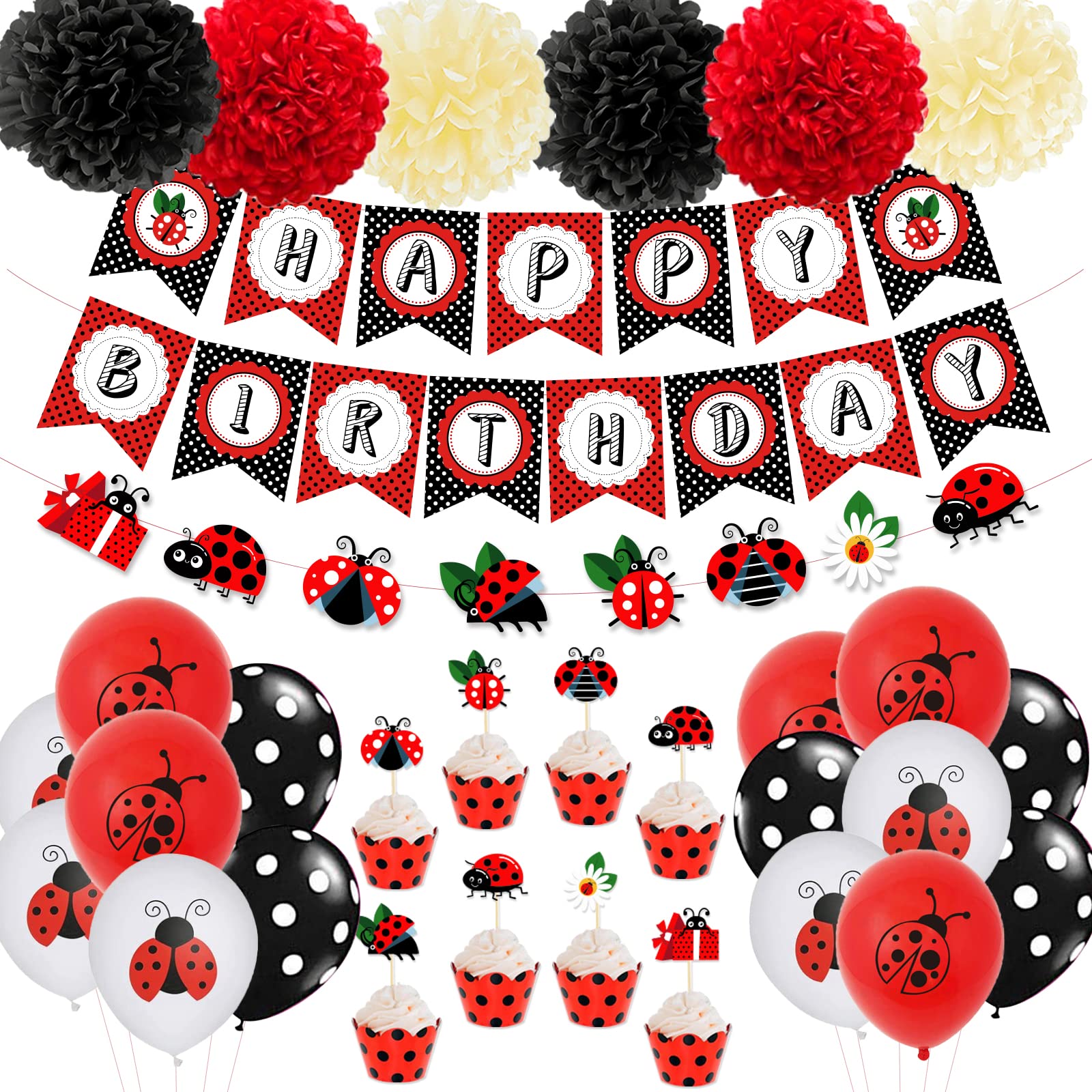 Ladybug Birthday Decorations Ladybird Happy Birthday Banner Ladybeetle Cake Topper Balloons Pom Pom Flowers for Ladybug Theme First Bday Party Supplies