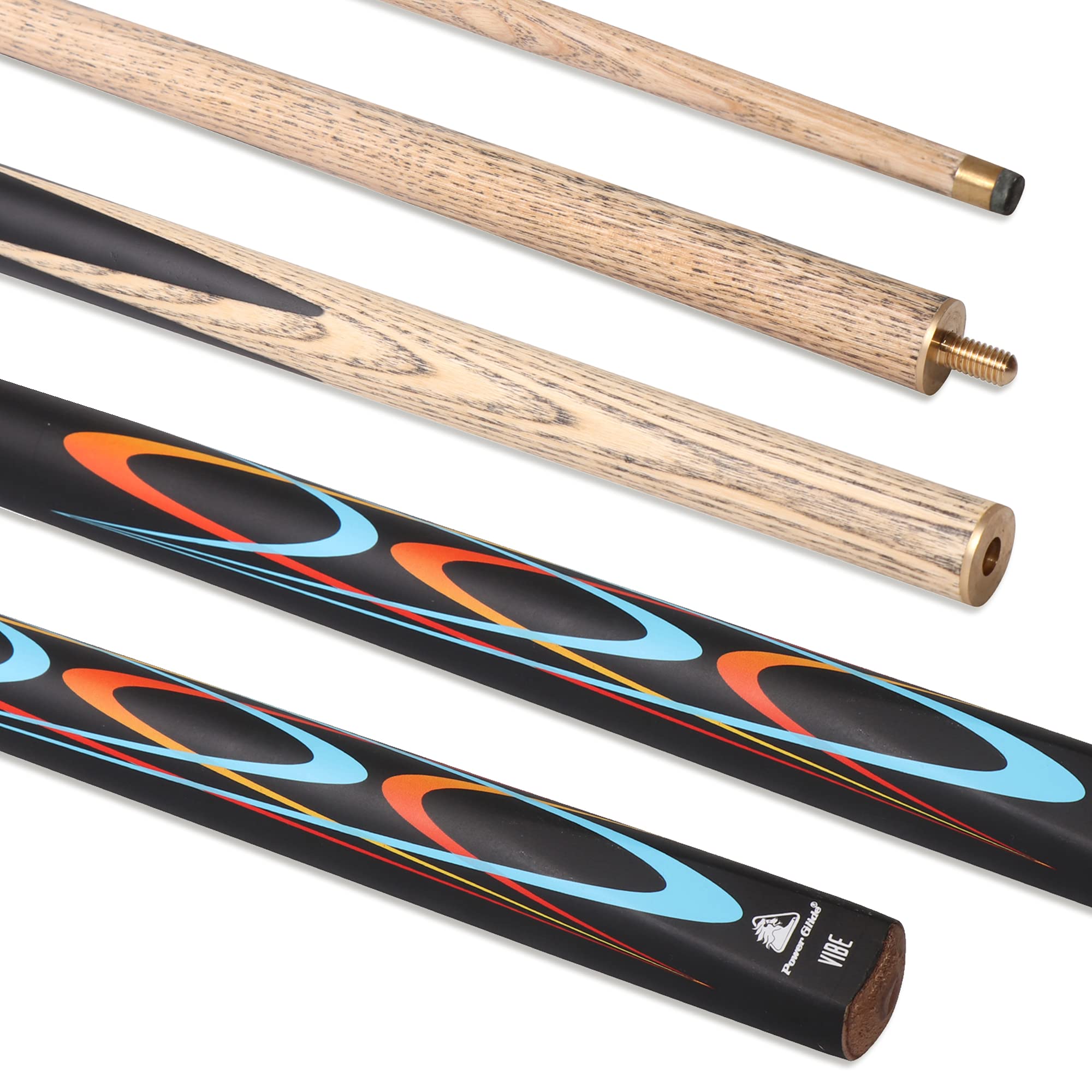 POWERGLIDE Snooker Pool or Billiard Cue | Vibe | Ash Shaft with Hardwood Butt | 10mm Tip | 2 Piece with Brass Joint | Full Size 57" | Assorted Weights 18oz and 19oz