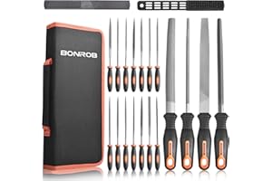 BONROB 21Pcs Metal File Set w/Carry Case, File Handle Tool Include Flat/Triangle/Half-Round/Round Large Files and Micro Needle File and 4 in 1 Wood Rasp & Brush for Shaping Metal, Steel, Wood