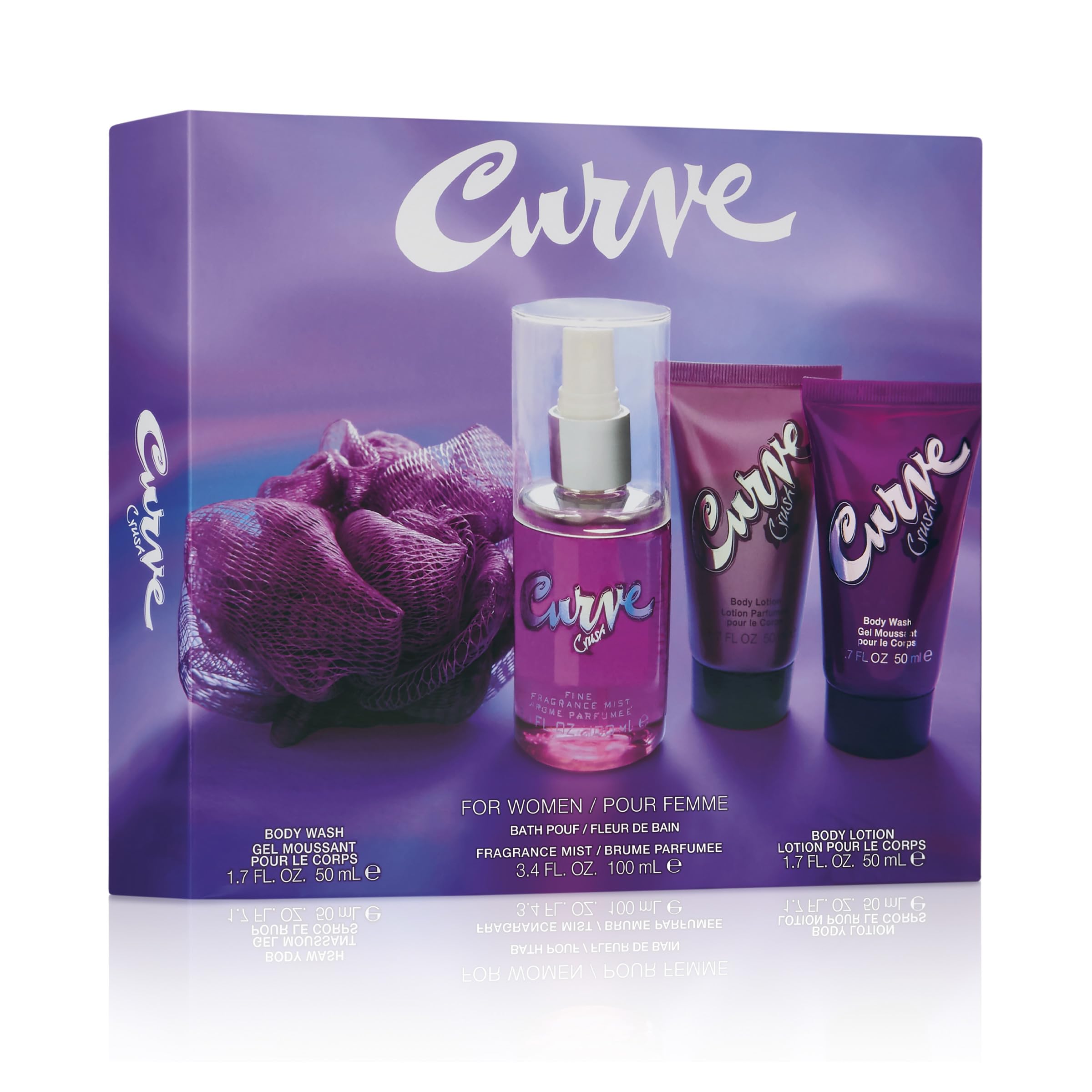 Curve Crush for Women Perfume Fragrance Set, Body Wash & Lotion, Fragrance Mist and Loofa, Day or Night Scent, 4 Piece Set