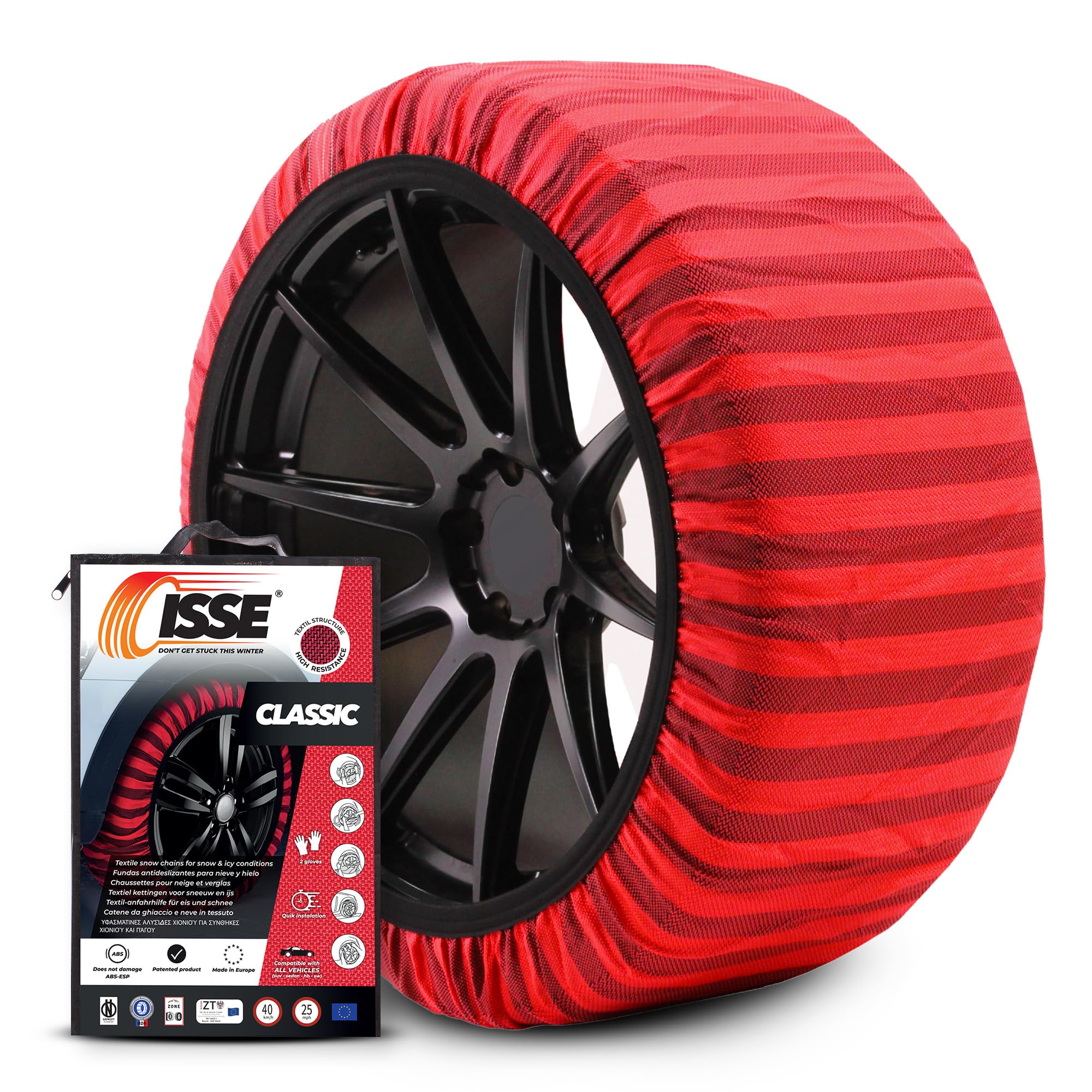 ISSE Snow Socks T-74 | Homologated and High Safety Textile Snow Chains - Kit of 2 Chains for Cars + Gloves