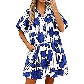PRETTYGARDEN Womens Summer Dresses 2026 Casual Puff Sleeve Button Down Mini Shirt Dress Boho Floral Babydoll Sun Dress