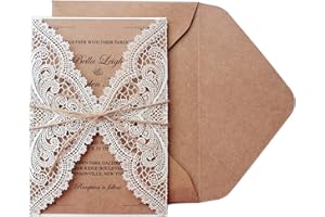 Picky Bride 50 Pcs Rustic Laser Cut Lace Wedding Invitations Kits, 5" x 7.3", Rustic Kraft Blank Invitations for Wedding, Bri