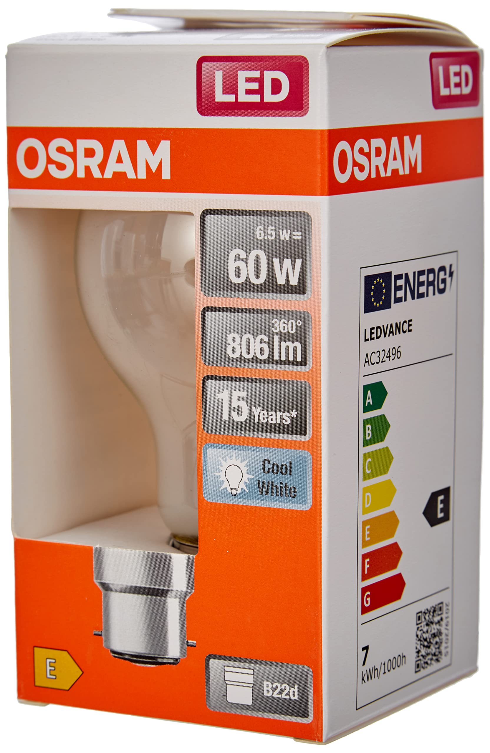 OSRAM LED Star frosted filament LED lamp, B22d base, cool white (4000K), bulb shape, replacement set for conventional 60W bulbs, 6-pack