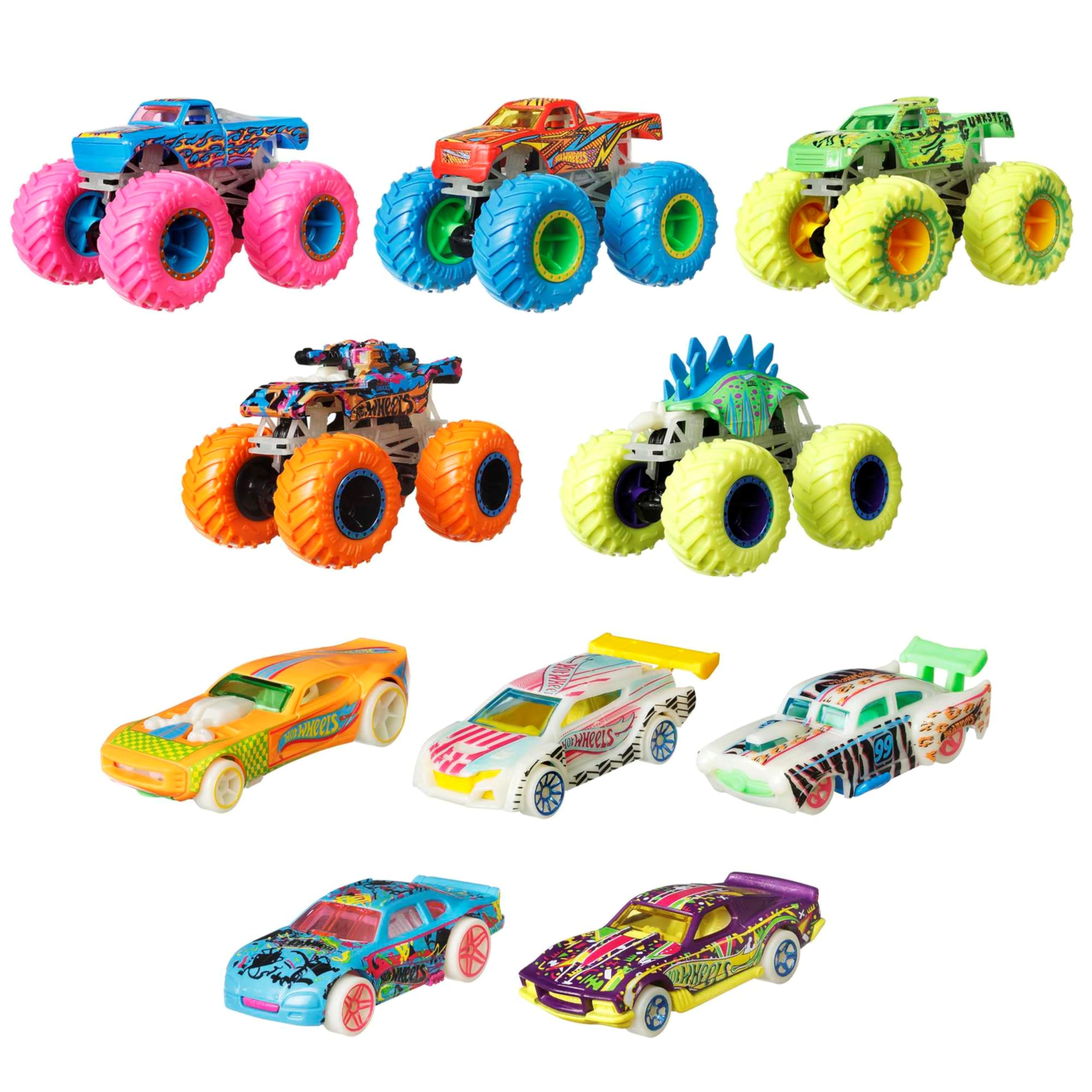 Hot Wheels Toy Monster Trucks 10-Pack of Glow-in-the-Dark 1:64 Scale Vehicles, GITD Set of 5 Trucks & 5 Cars, Play Vehicles for Kids & Collectors, HCB57