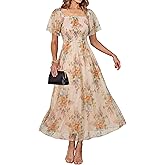 Simplee Womens Floral Maxi Dresses 2026 Spring Square Neck Mesh Short Sleeve Smocked Boho Flowy Wedding Guest Dress