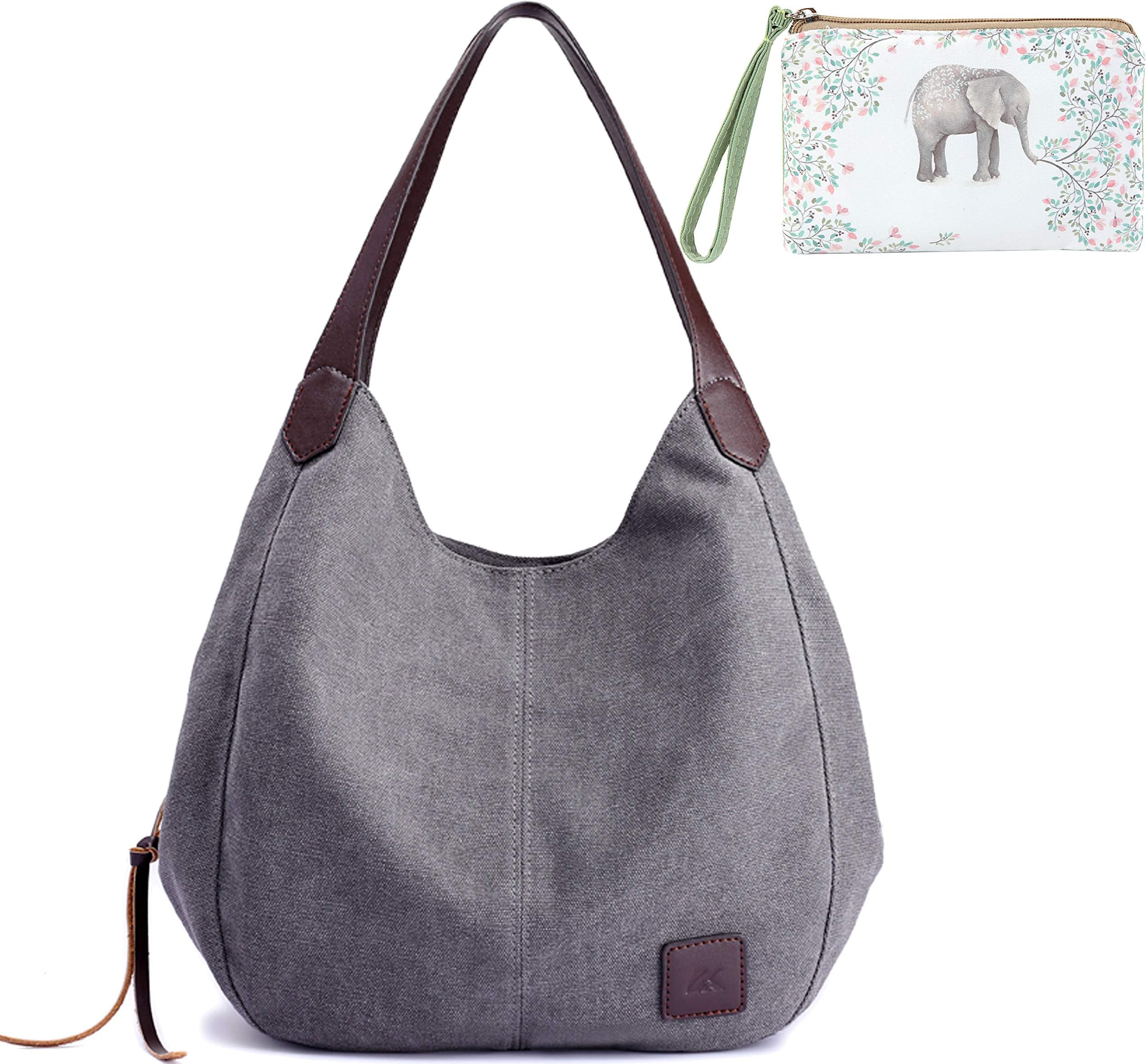 Worldlyda Women Canvas Hobo Purse Multi Pocket Tote Shopper Shoulder Bag Casual Top Handle handbag with Embroidery Ethnic