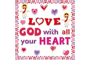 Kepeel Valentine's Day Christian Bulletin Board Decorations Set, Love God with All Your Heart Classroom Decorations Religious Faith Heart Cutouts for Classroom Sunday School Chalkboard Wall
