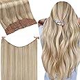 Fshine Invisible Wire Hair Extensions Secret Hairpieces Fish Wire Layered Hair Extensions Human Hair Ash Blonde 18 Highlight Blonde 613 Remy Wire Human Hair Extensions Removable Clip ins 16 Inch 80G