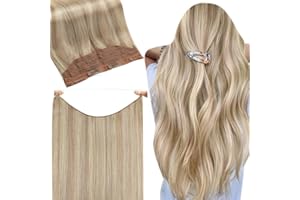 Fshine Invisible Wire Hair Extensions Real Human Hair Ash Blonde Highlighted Bleach Blonde Fish Line Layered Wire Human Hair Extensions Secret Extensions One Piece Clip in Hair Extensions 12Inch 70G