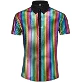 COSLILLI Men's 70s Disco Outfits Shirt Sequin Short Sleeve Top Prom Costume Halloween Party
