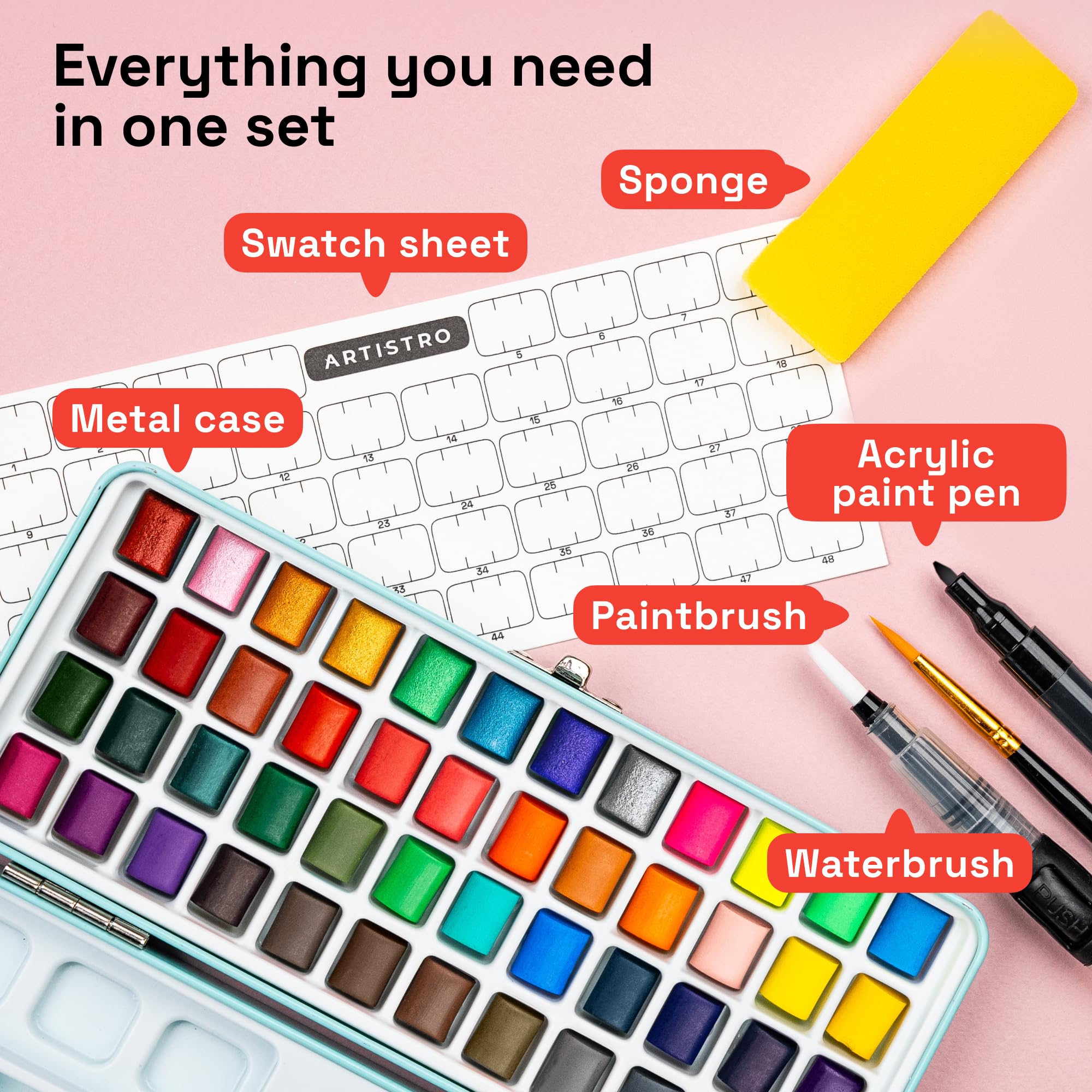 ARTISTRO Watercolor Paint Set Portable, Palette Set with Metallic Colors for Workbooks - Mini Travel Painting Kit for Artists, Professionals, Adults, Kids, Girls&Boys - Art Supplies, Christmas Gift