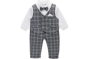 famuka Baby Boy Classic Suit Double Breasted Waistcoat Tuxedo Formal Outfit Plaid