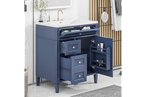 Polibi 30" Bathroom Vanity with Top Sink,Single Sink Bathroom Vanity Cabinet with Door Organizer,Modern Bathroom Storage Cabinet with 2 Drawers and a Tip-Out Drawer(Blue)