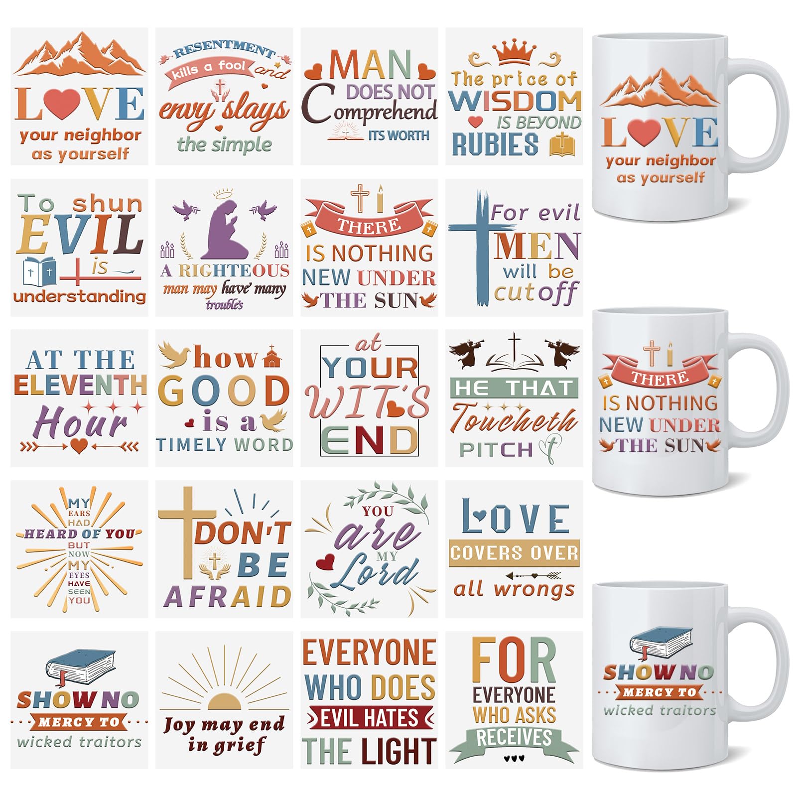 HICOHAND Cup Wraps Sticker, 20 Sheets Waterproof Rub on Transfer Bible UV DTF Sticker for Glass Mug Cup Bottle Crafts