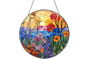 RVEAFA Wildflowers Sun Catcher 7.87'' Stained Glass Window Hanging Plant Lover Gifts for Women Wildflowers Wall Decor Handmade Sun Catcher Decoration for Window Garden Home Christmas & Birthday Gifts