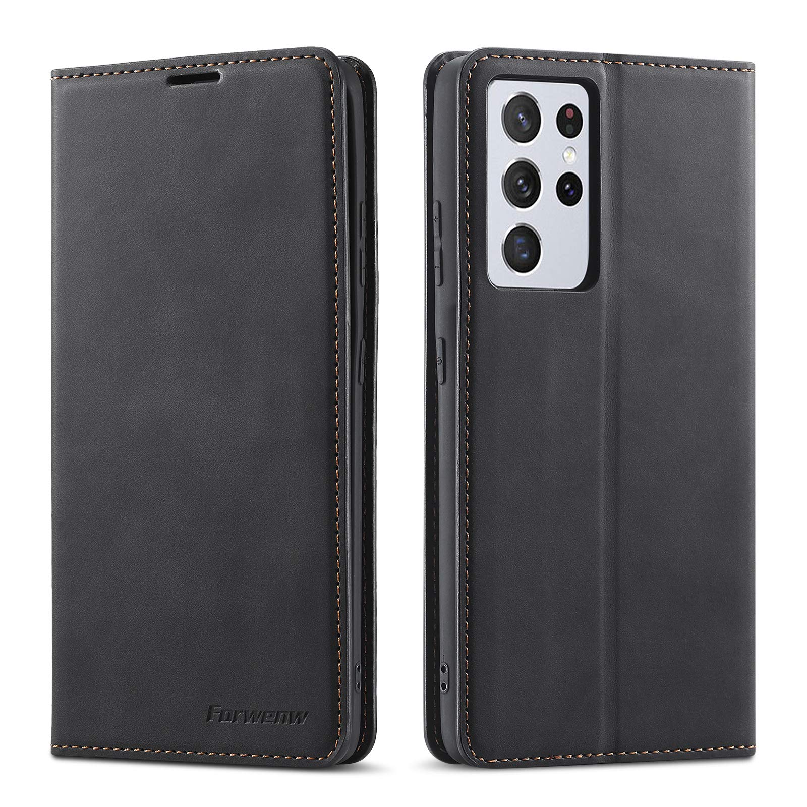 QLTYPRI Case for Samsung Galaxy S21 Ultra 5G, Premium PU Leather Cover TPU Bumper with Card Holder Kickstand Hidden Magnetic Adsorption Flip Wallet Case Cover for Samsung Galaxy S21 Ultra 5G - Black