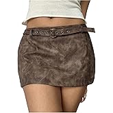 OYOANGLE Women's PU Leather Low Waisted Belted Mini Skirt Y2K Bodycon Going Out Skirts