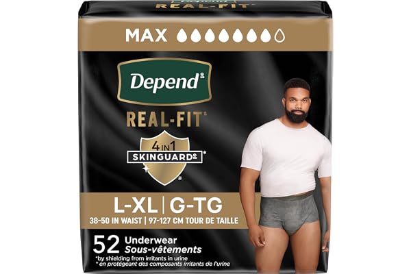 Depend Real Fit Adult Incontinence Underwear for Men, Maximum Absorbency, L/XL, Grey, 52 Count | Grey colour, 52 Count, Stret