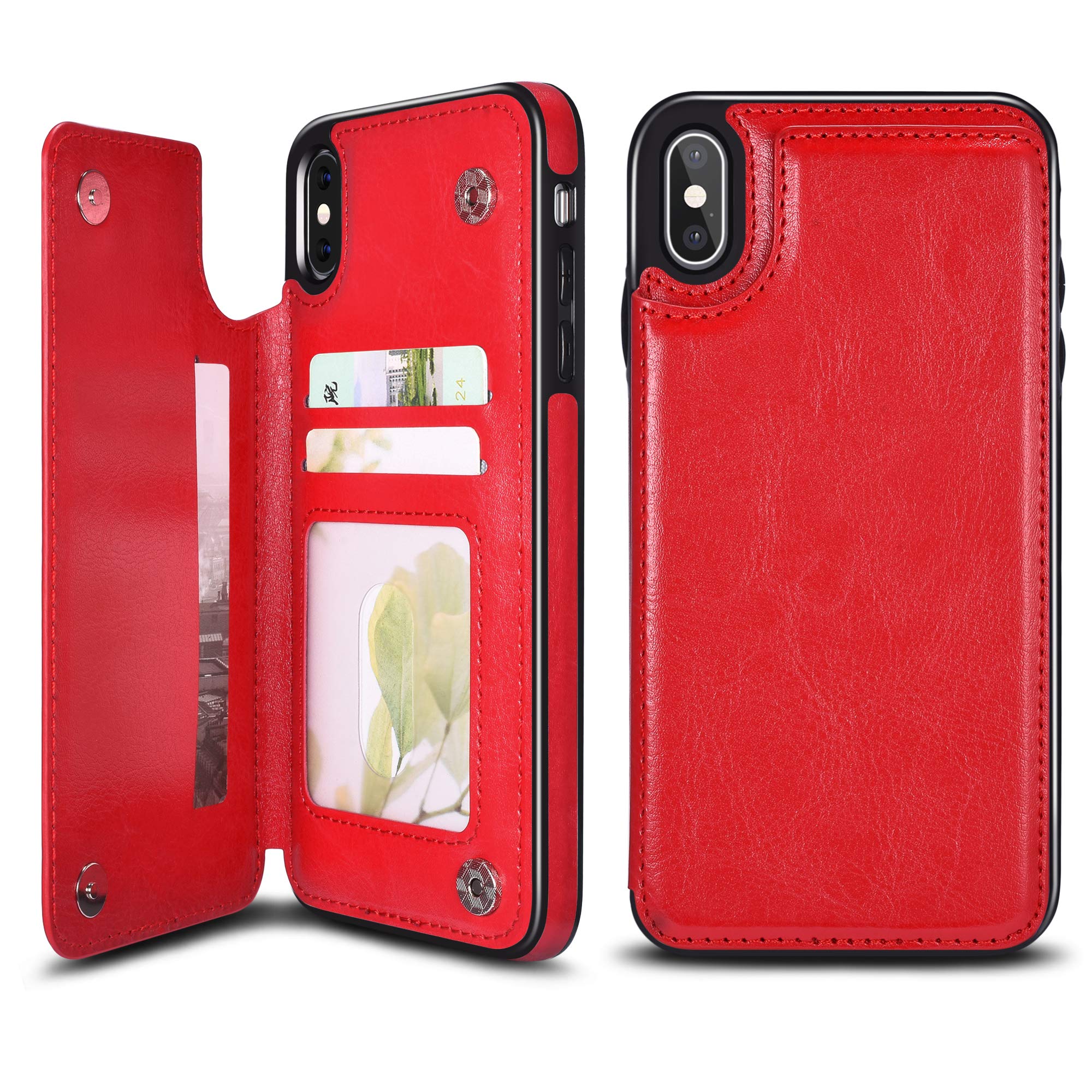UEEBAI Case for iPhone XS Max, Luxury PU Leather Case with [Two Magnetic Clasp] [Card Slots] Stand Function Durable Shockproof Soft TPU Case Back Wallet Cover for iPhone XS Max - Red