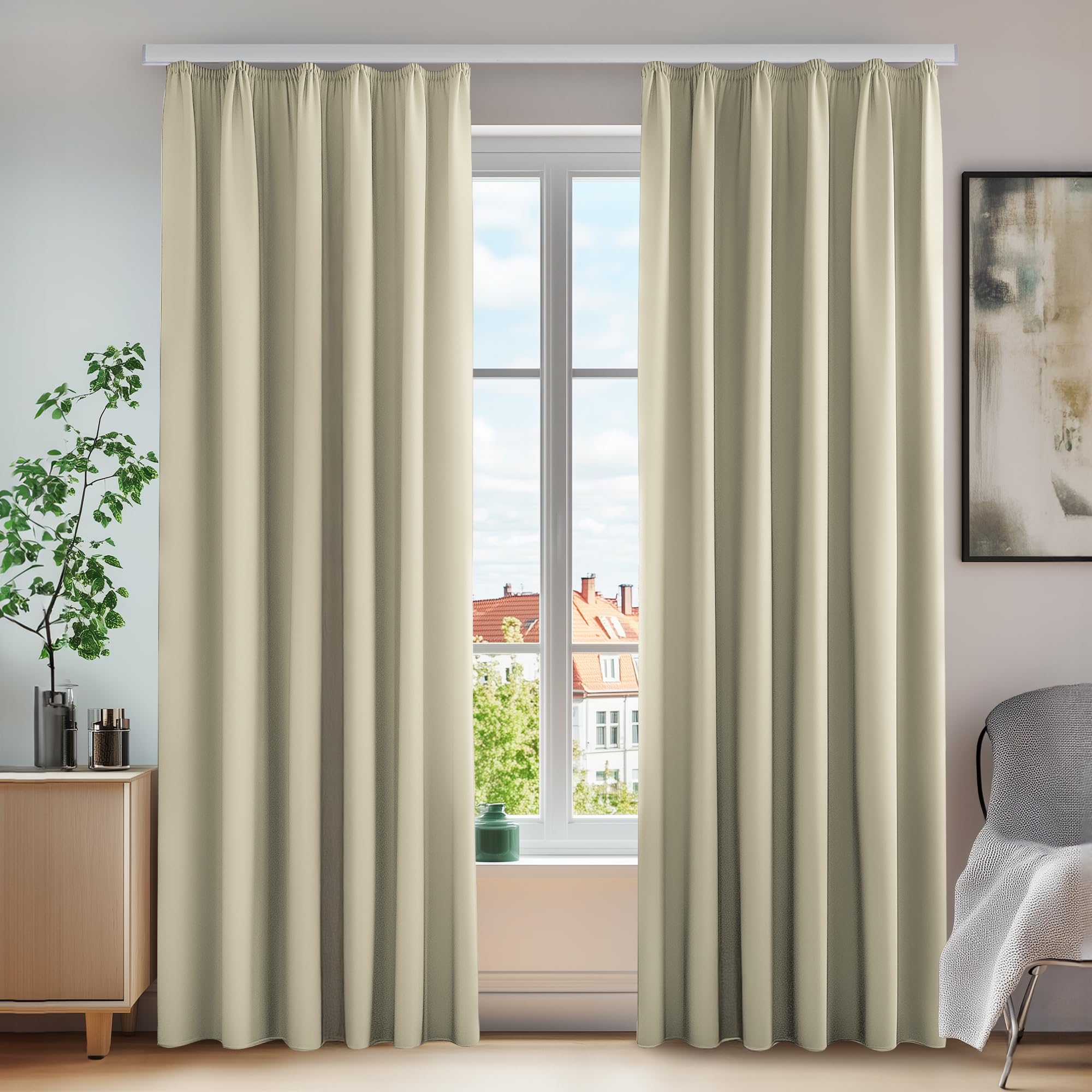 Deconovo Pencil Pleat Curtains Window Treatment Thermal Insulated Blackout Curtains for Living Room W55 x L63 Inch Beige 2 Panels