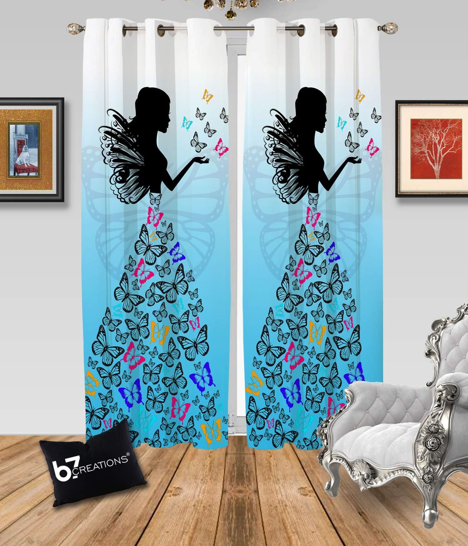 b7 CREATIONS Polyester Knitted Butterfly Digital Printed 7 ft Door Curtain, Blue