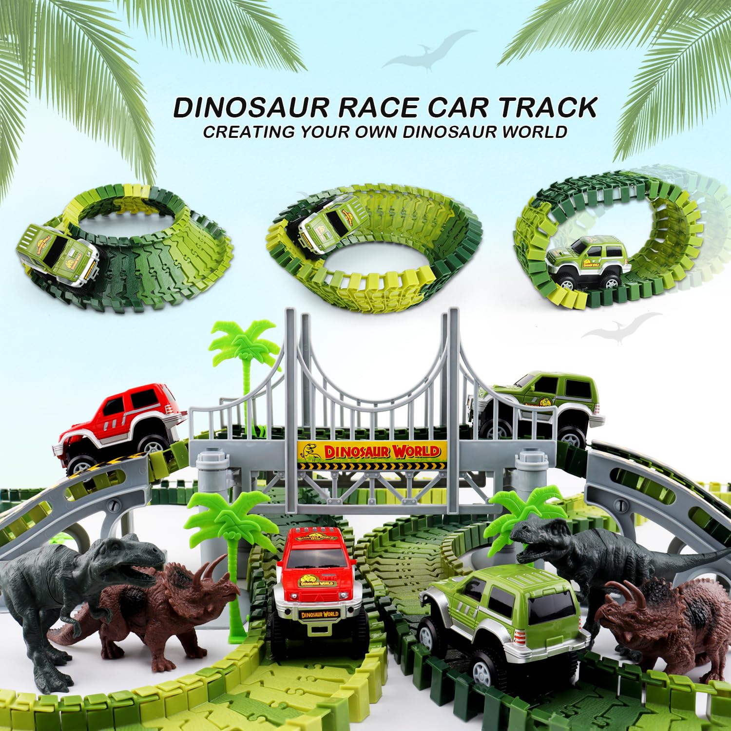 Dinosaur Toys, Create A Race Car Track Dino World with Flexible Track and 2 Cool Cars, Best Gift for Toddler Kids Boys Girls Age 3 4 5 6 7 Year Old