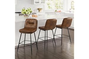 Cozyman Bar Stools Set of 3, Double-Layer Upholstered Counter Height Bar Stools for Kitchen Island, Faux Leather Barstools with Back and Footrest, 24 Inch Armless Barstool Chairs, Yellowish Brown
