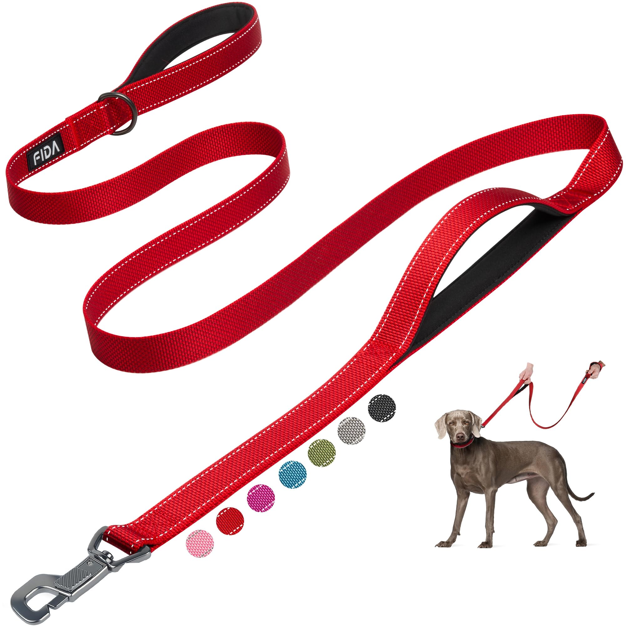 Photo 1 of Fida 6 FT Heavy Duty Dog Leash with 2 Comfortable Padded Handles, Traffic Handle & Advanced Easy Snap Hook, Reflective Walking Lead for Large, Medium & Small Breed, Red