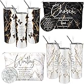 Geiserailie 6 Pcs Christian Gifts for Women 20oz Marble Tumbler, Makeup Bag, Pocket Mirrors, Inspirational Bible Verse Gift Set for Grandmother, Church Pastor's Wife, Teacher (Mono Color)