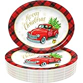 Tbsone 50-Count Christmas Disposable Paper Plates: Large Oval Heavy-Duty Dinnerware Set for Party Supplies and Holiday Dinner Table Decorations, 10.2 x 12.6 Inch (Christmas-Car)