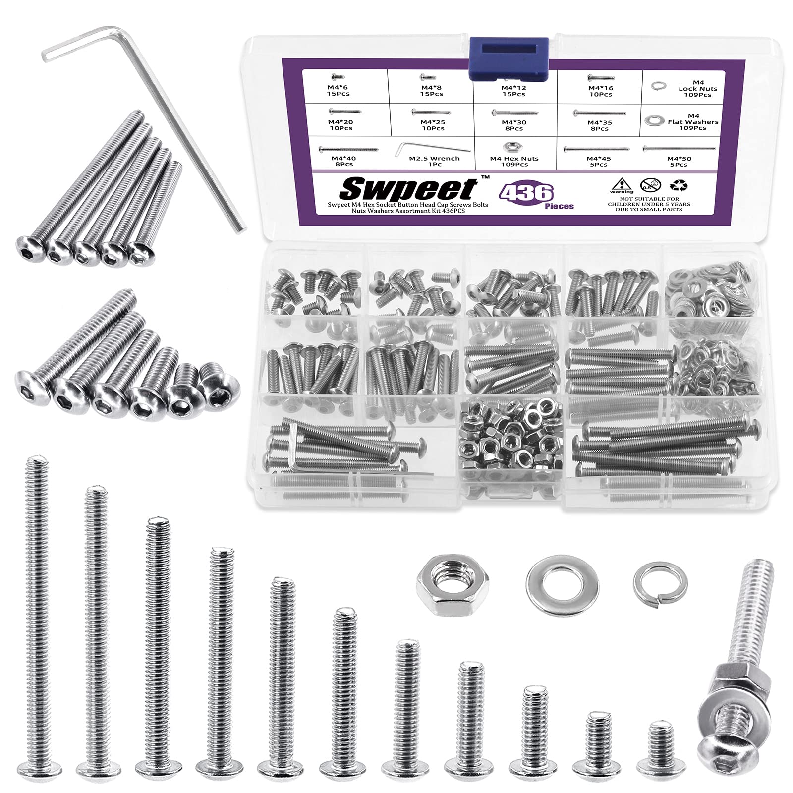 Swpeet 437Pcs M4 Metric 304 Stainless Steel Button Head Hex Socket Head Cap Bolts Screws Nuts and Hex Nuts with Flat Washers and Split Lock Washers Kit, Wrench Included