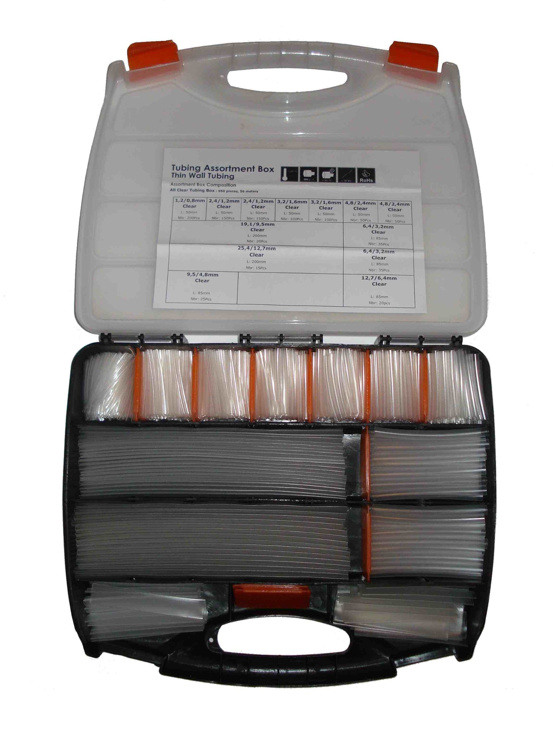 950 PIECE - CLEAR COLOUR - HIGHLY FLEXIBLE HEAT SHRINK CABLE/CABLING TUBING SET IN CARRY CASE