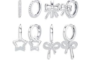 BESTEEL 4 Pairs Hypoallergenic Huggie Hoop Earrings for Girls Women Silver Small Dangle Hoop Earrings Bow Earrings Tiny Cute CZ Heart Butterfly Earrings Set Pink Colorful Star Earrings for Sensitive Ears(over 3 years old)