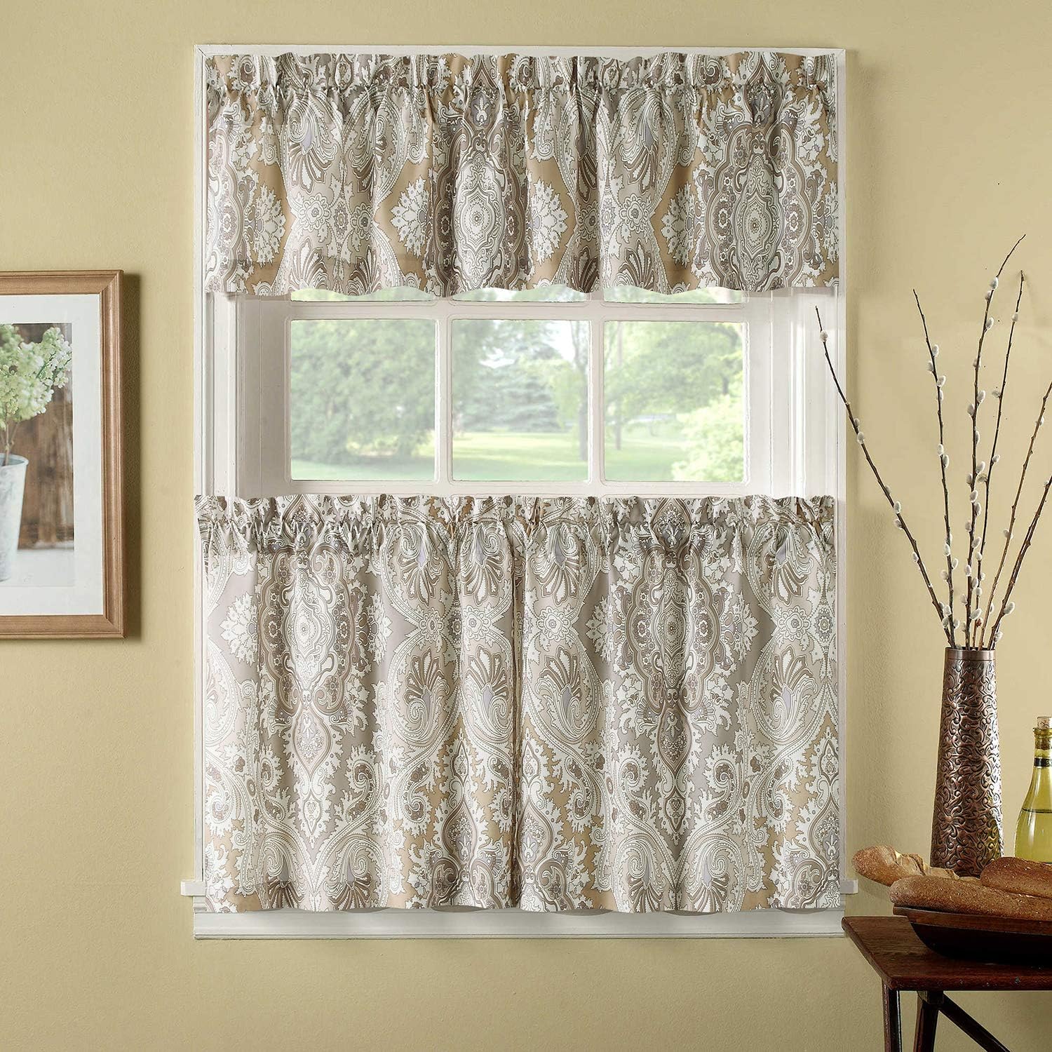 Best 3 Pieces Rod Pocket Kitchen Curtains Valance And Tiers (Cream)