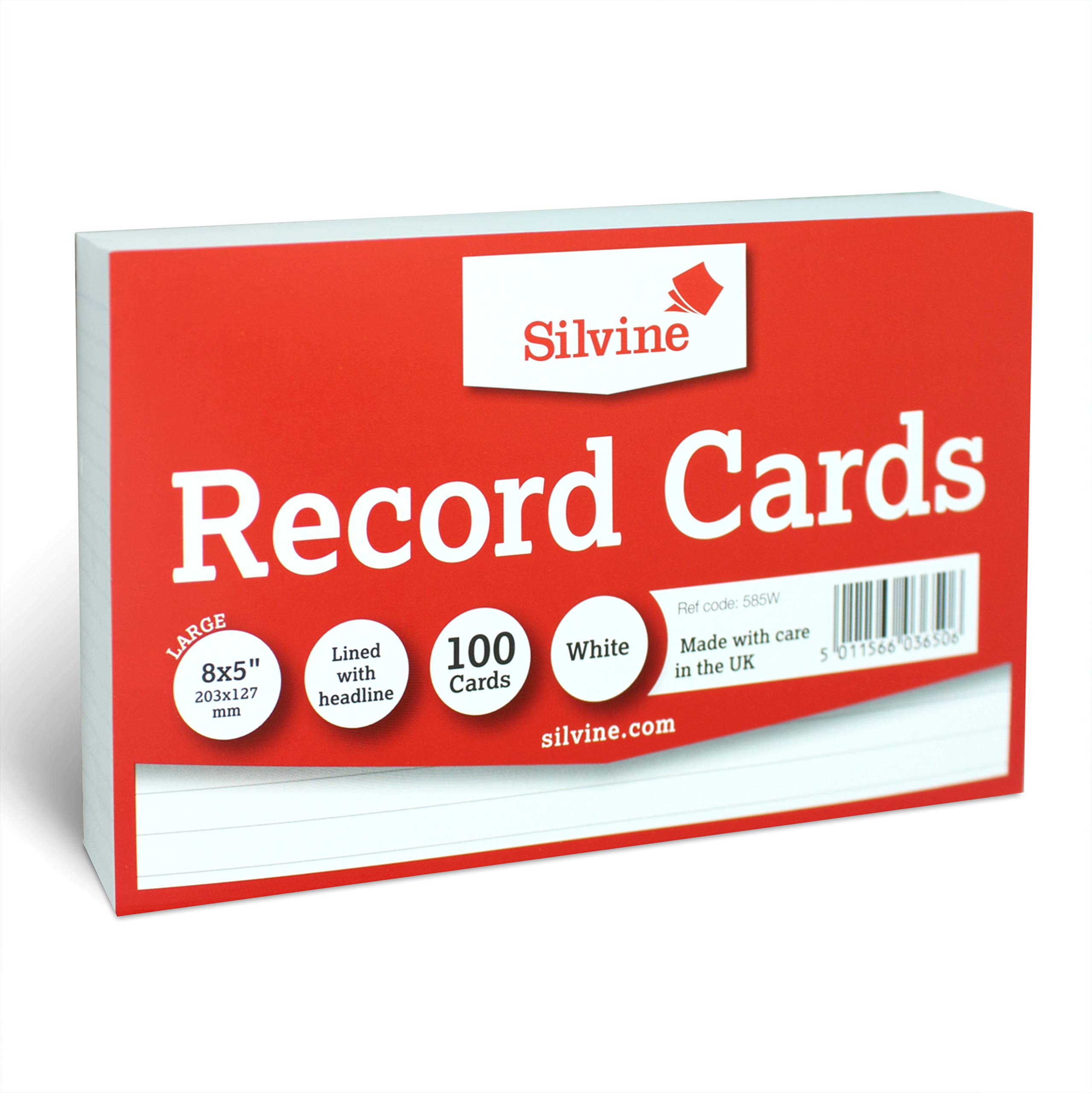Silvine 8x5 White Record Cards - Lined with Headline, 100 Cards per Pack. Ref 585W (203 x 127mm)
