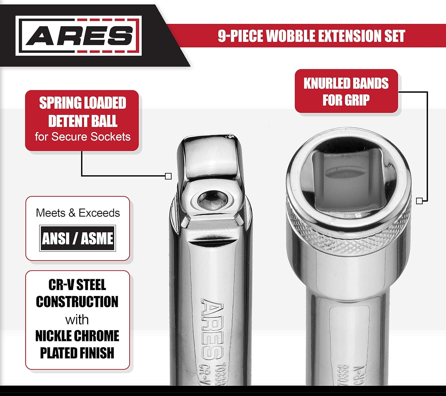 ARES 70330-9-Piece Wobble Extension Set - Premium Chrome Vanadium Steel Construction - 1/4-inch, 3/8-inch and 1/2-inch Drive Sizes Included - Storage Tray Included - - 