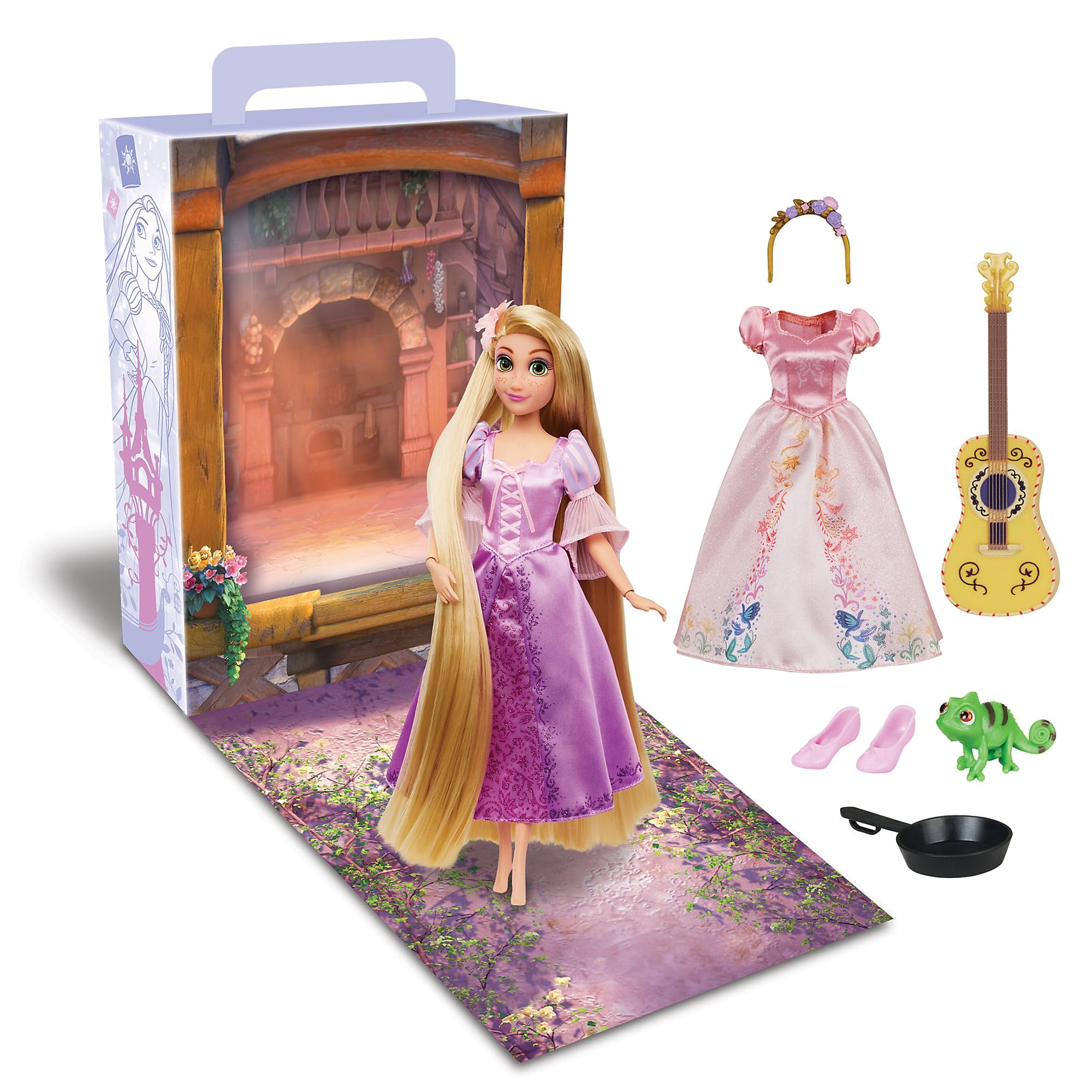 Disney Store Official Rapunzel Story Doll for Kids, Tangled, 28cm/11”, With Pascal, 2 Outfits, Accessories, Colouring & Activity Pack and Box that Folds to a Play Stage, Suitable for Ages 3+
