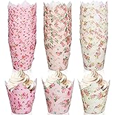 Whaline 180Pcs Floral Tulip Cupcake Liners Greaseproof Muffin Baking Liners Pink Flower Tulip Cupcake Wrappers Baking Cup for Spring Wedding Bridal Shower Birthday Tea Party Decor