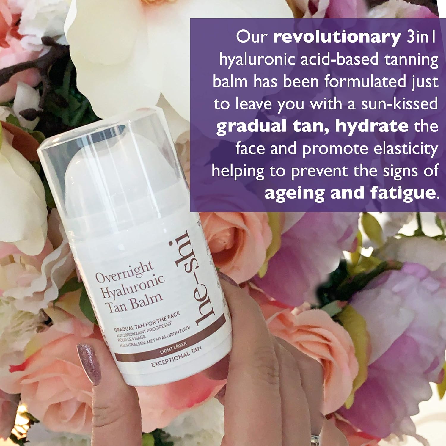 He-Shi Gradual Face Tan, Overnight Hyaluronic Tan Balm, Anti-Ageing Gradual Tanning Moisturiser, Hydrating & Firming - Image 4
