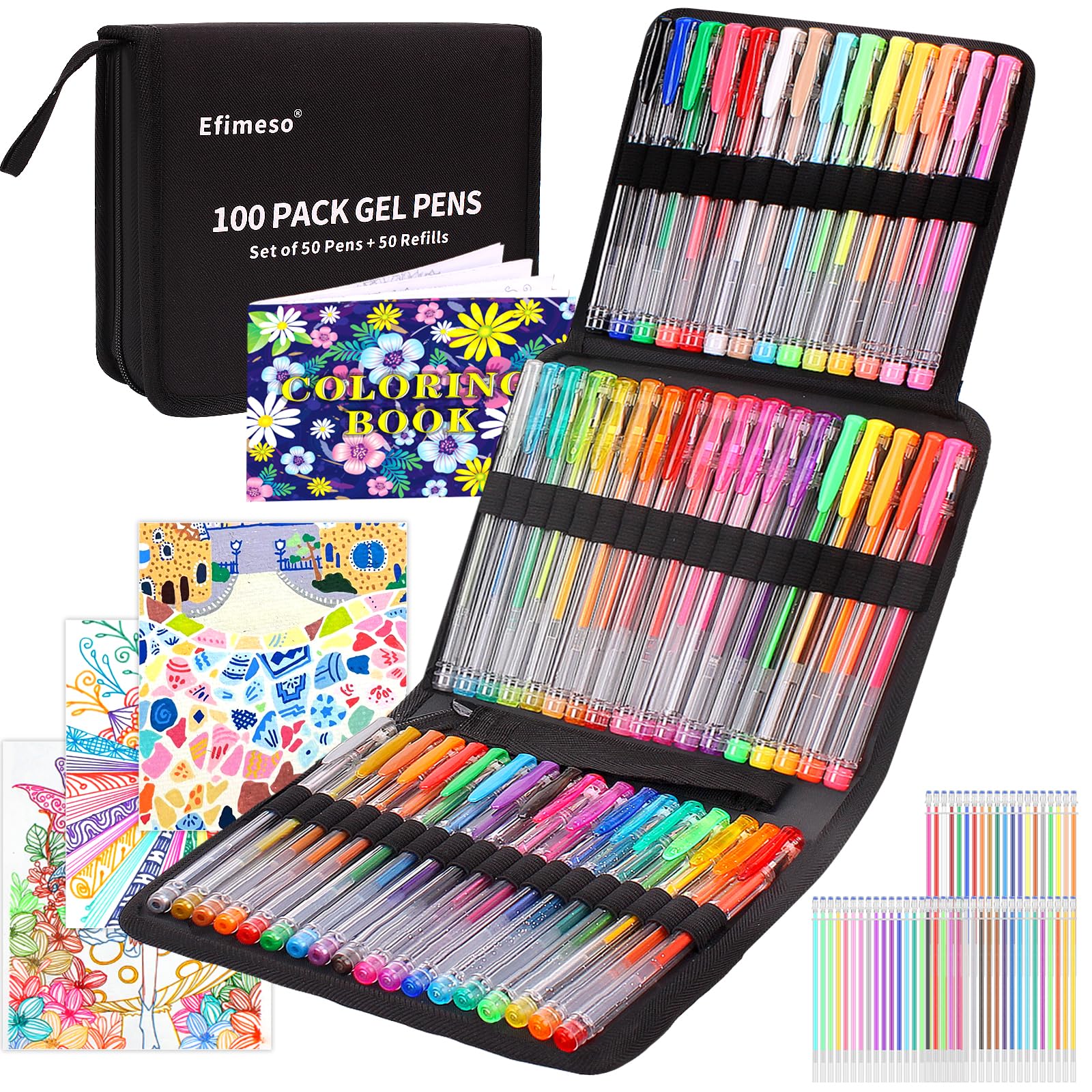 Efimeso 100 Pack Gel Pens Set 50 Glitter Gel Pens with 50 Refills in Zipper Case for Adult Colouring Books, Writing Drawing with Glitter Metallic Neon Pastel Swirl Colours