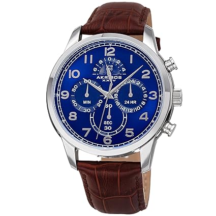 Akribos XXIV Mens Quartz Chronograph Silver-Tone/Blue and Brown Leather Strap Watch - Ak1004Ssbr